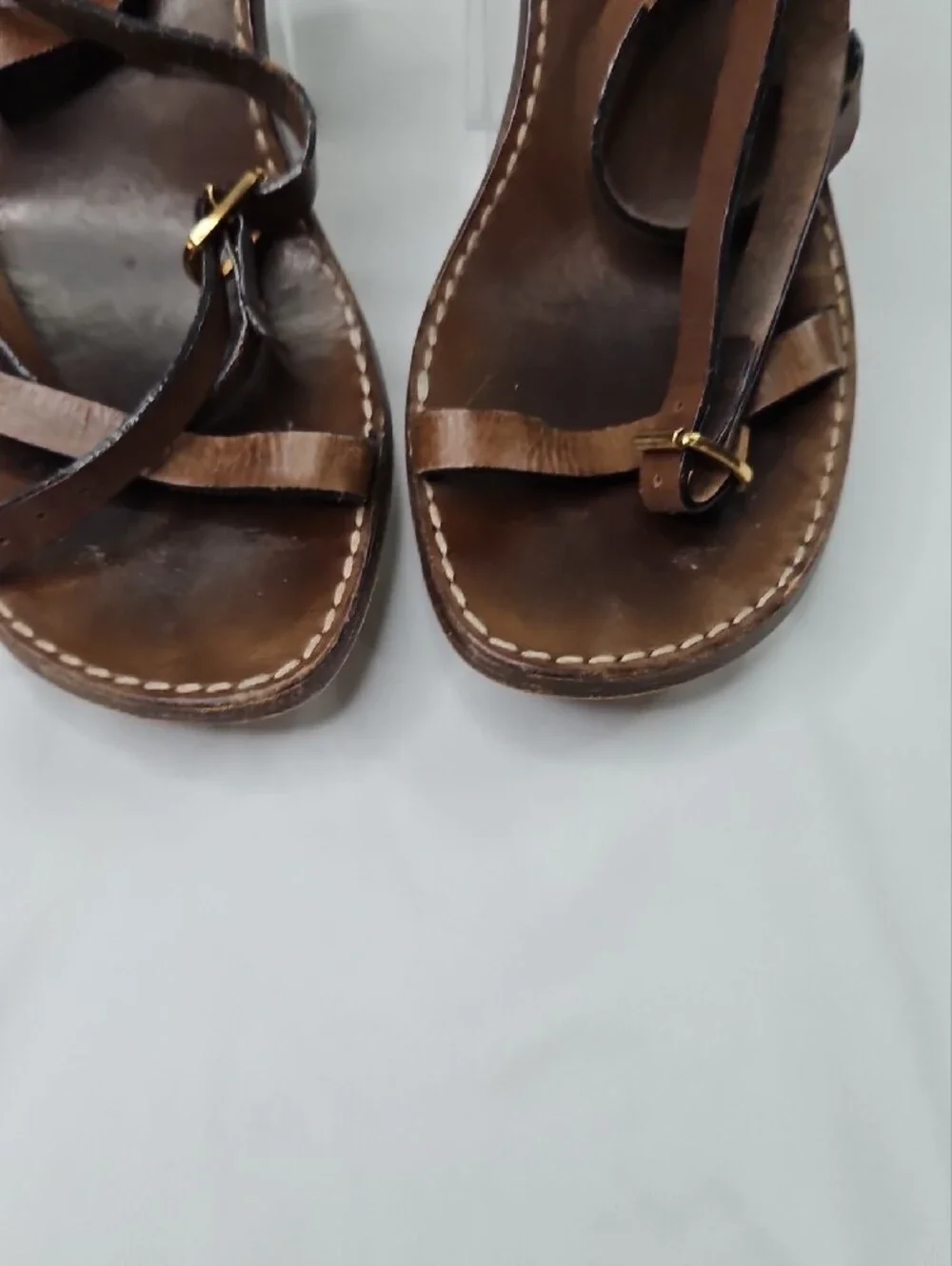 Chloe Brown Leather Strappy Gold Block  Sandals Size 39.5